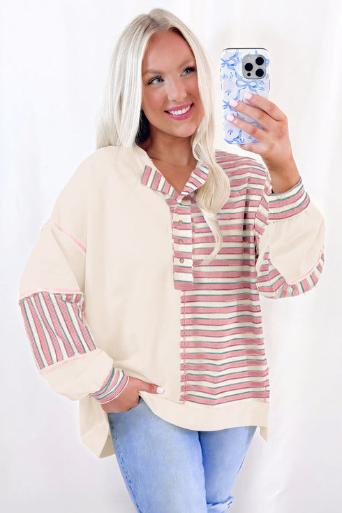 Colorblock Striped Patchwork Henley Pullover Top Exposed-Seam Drop-Shoulder